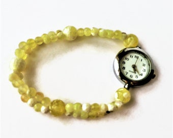 Yellow agate stretch bracelet watch, unique watch, expanding watch, ladies wrist watch, yellow beaded watch, fashion watch, white face watch