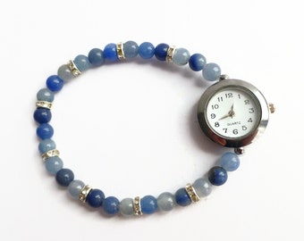 Blue aventurine bracelet stretch band watch, diamante unique watch, expanding bracelet watch, wrist watch, ladies bracelet style watch