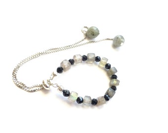 Labradorite & spinel adjustable slider bracelet, 925 silver slider bracelet, unique gift, labradorite gemstone jewelry, gem beaded bracelet