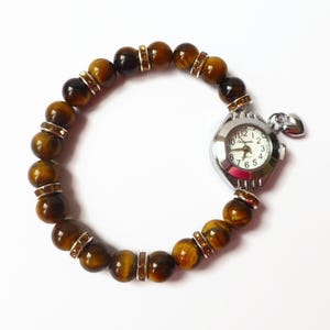 Tigers eye bracelet watch, stretch jewelry watch, womens watch, white face watch, gemstone watch, unique wrist watch