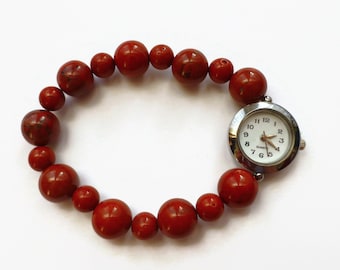 Jasper stretch bracelet watch, unique watch, ladies bracelet style watch, beaded watch,expanding bracelet style watch, gemstone watch