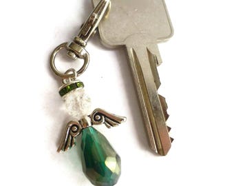 Green crystal angel charm keyring, guardian angel bag charm, removable keychain guardian angel charm