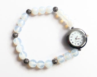 Faux moonstone crystal beaded bracelet watch, unique wrist watch, stretch beaded watch, white expandable watch, gunmetal beaded watch