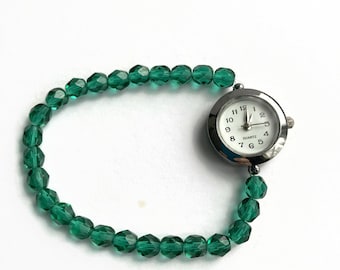 Green glass bracelet style beaded watch, stretch watch, expandable watch, ladie's preciosa sea green watch, unique watch, wrist watch,