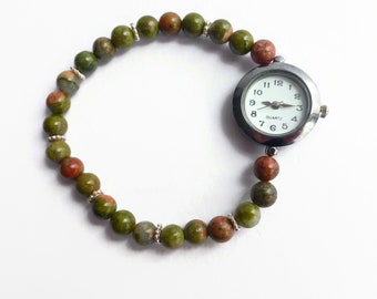 Unakite bracelet stretch band watch, silver wheel beaded unique watch, expanding bracelet watch, wrist watch, ladies bracelet style watch