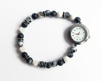 Jasper beaded stretch bracelet style watch, black & white zebra jasper wrist watch, womens wrist watch, unique watch, expandable watch