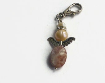 Sunstone angel detachable key ring, angel keychain charm, guardian angel gift, angel clip purse jewelry, sunstone gemstone clip on charm