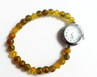 Dragon vein agate stretch band watch, yellow beaded bracelet style watch, crystal bead stretch watch, unique watch, ladies bracelet watch