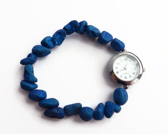 Blue druzy agate bracelet watch, stretch band watch, deep blue watch, watch for ladies, expandable watch, agate beaded bracelet watch