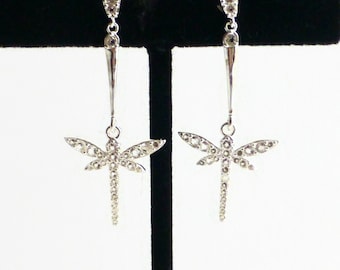 Sterling & topaz dragonfly earrings, nature drop earrings, silver hanging earrings, sterling silver jewellery, white topaz unique earrings