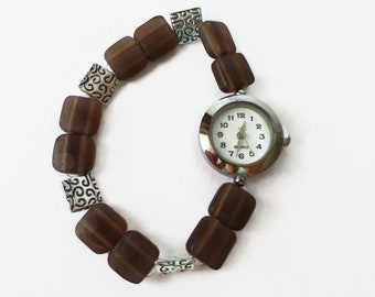 Square beaded stretch bracelet watch, smoky agate brown watch, beaded watch bracelet, ladies watch, expandable watch, gem wrist jewellery,