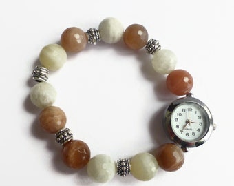 Moonstone beaded bracelet watch, gemstone watch, stretch band watch, unique watch, expandable watch, beaded watch, ladies silver watch