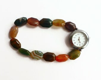 Agate hexagon beaded stretch watch, bracelet watch, mixed colour beaded watch, white watch face, unique watch, Botswana agate gemstone watch