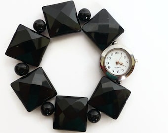 Schwarze quadratische Achat Perlen Armbanduhr, Stretch Band Uhr, klobige schwarze Edelstein Uhr, erweiterbare Uhr, schwarze Damen Armbanduhr