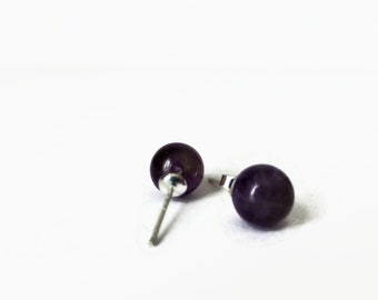 February birthstone stud earrings, amethyst stud earrings, 8mm purple ear posts, earrings for teens, everyday earrings, gem post earrings