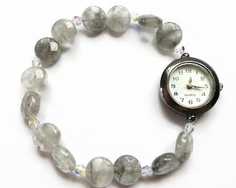 Reloj de pulsera de cuentas de cuarzo Cloudy, reloj de pulsera elástica, reloj con piedras preciosas AB y blancas, reloj de pulsera para mujer, reloj único, reloj de cuentas