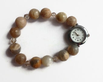 Gemstone stretch bracelet watch, sunstone beaded jewellery, gemstone watch, wrist watch for ladies, beaded stretch watch, unique watch