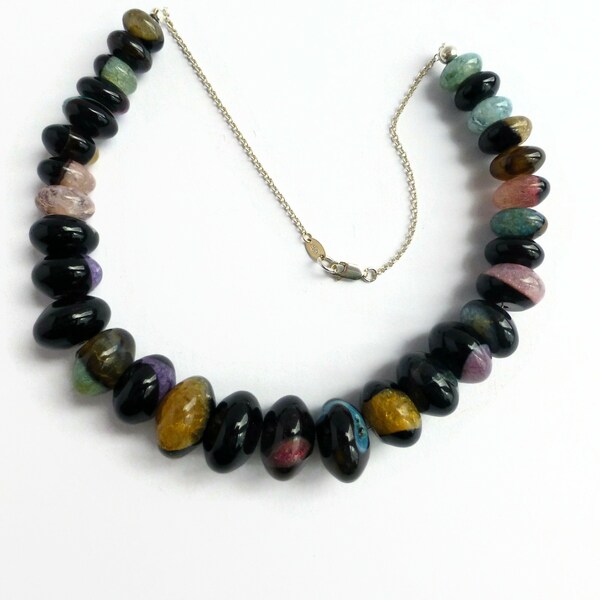 Black & mixed colour agate chunky necklace, rondell gemstone necklace, unique jewelry, black statement necklace, chunky occasion jewellery