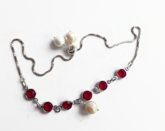 Red Austrian crystal & pearl slider bracelet, June birthstone bracelet, 925 silver bracelet, unique gift, red gem beaded bracelet