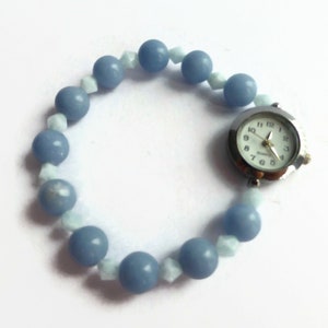 Blue angelite beaded gemstone watch, unique bracelet watch, ladies fashion watch, silver watch, expanding bracelet watch, retirement gift