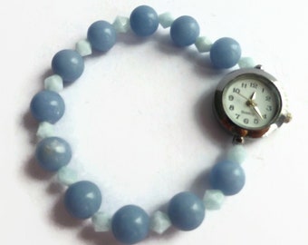 Reloj con cuentas de angelita azul, reloj de pulsera único, reloj de moda para mujer, reloj plateado, reloj de pulsera extensible, regalo de jubilación