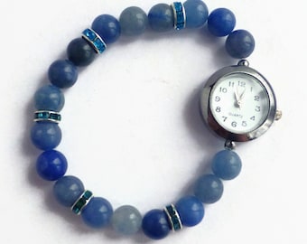 Blue Aventurine bracelet style stretch watch, expanding bracelet watch, unique watch, blue gemtone wrist watch, ladies bracelet watch