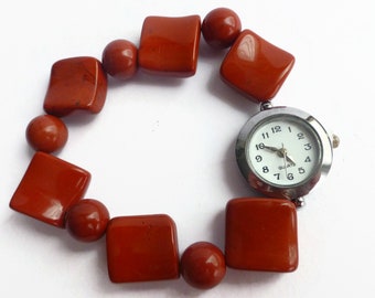 Red Jasper stretch bracelet watch, square gem unique watch, ladies wrist watch, expanding bracelet style watch, red jasper gemstone watch