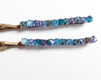 Swarovski Elements mixed blue crystal beaded hair grips, hand wired crystal bobby pins, hair jewelry, hair accessories, hair clips,