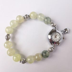Prehnite gemstone stretch bracelet style watch with heart charm