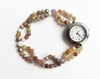 Agate beaded bracelet watch, gemstone watch, stretch band watch, unique wrist watch, expandable watch, beaded watch, ladies silver watch