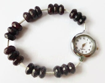 Reloj de pulsera con cuentas de granate rojo, reloj de pulsera elástica, reloj con cuentas de piedra de nacimiento, reloj con piedras preciosas, reloj de pulsera para mujer, reloj único