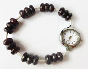 Red garnet beaded bracelet watch, stretch bracelet watch, birthstone beaded watch, gemstone watch, ladies bracelet watch, unique watch