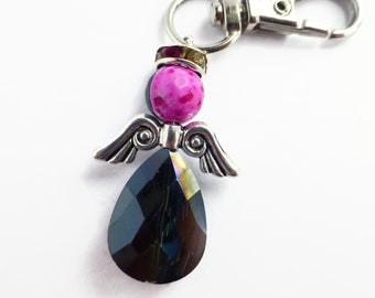 Purple Crystal Angel Keychain, Rainbow Teardrop Charm, Detachable Bag Zipper Clasp