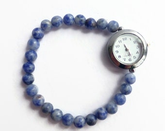 Blue Jasper bracelet style stretch watch, expanding bracelet watch, unique watch, blue gem wrist watch, ladies bracelet wrist watch