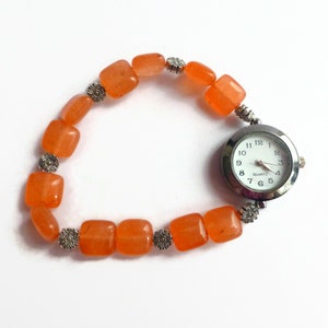 Karneol Perlen Armband Stretch Uhr, Orange Edelstein Uhr, Damen Armband Uhr, Silber Blume & Karneol einzigartige Uhr, Geschenk für Sie