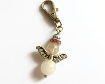 Rose quartz angel keyring, guardian angel charm, key clip, pink detachable key ring, angel gift, angel clip on charms, gemstone angel charm