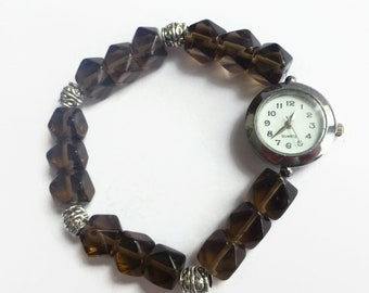 Ladies gemstone stretch bracelet watch, brown smoky quartz watch, wrist watch, stretch band watch, stylish watch, statement silver watch