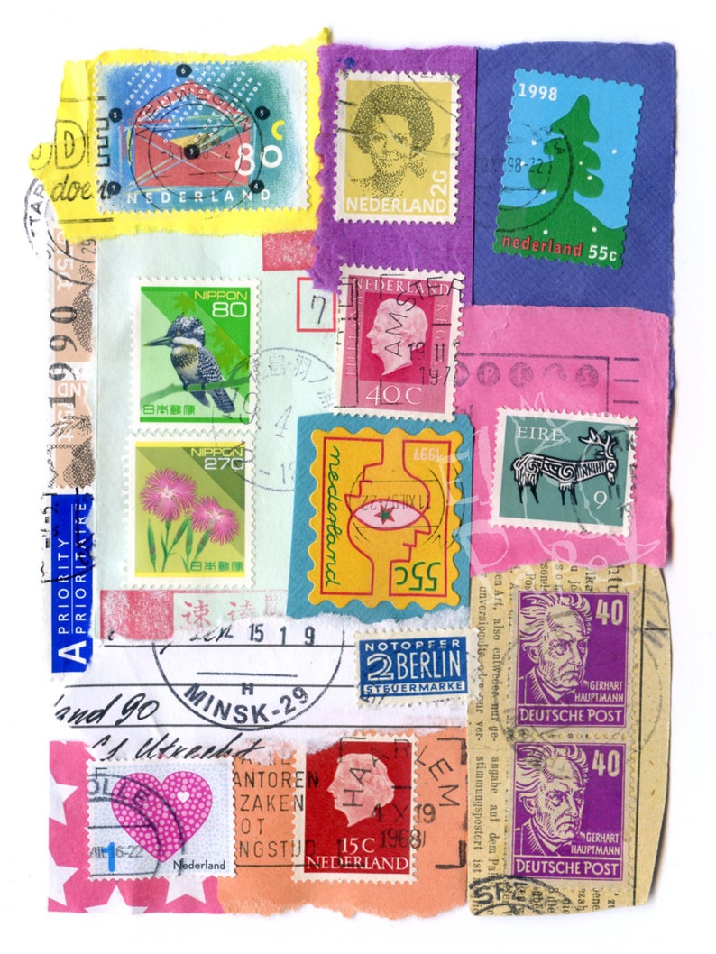 May include: A collage of colorful postage stamps from different countries, including the Netherlands, Japan, Germany, and Ireland. The stamps feature a variety of designs, including a bird, a tree, a deer, and a person's face. The stamps are arranged in a random pattern on a white background.