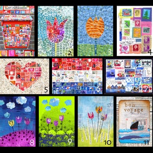 May include: A collage of 11 different images, each made from postage stamps. The images include a mailbox, a tulip, a heart, a Dutch flag, a boat, and several abstract designs. The images are all framed in black.