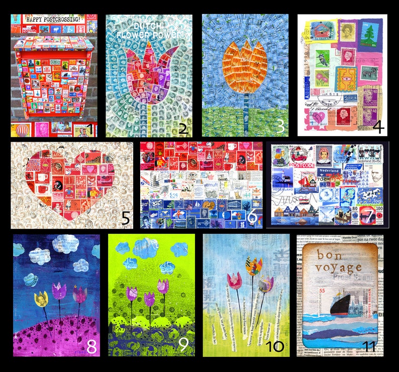 May include: A collage of 11 different images, each made from postage stamps. The images include a mailbox, a tulip, a heart, a Dutch flag, a boat, and several abstract designs. The images are all framed in black.