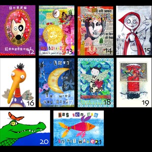 May include: A collage of 21 colorful, mixed media art pieces. Each piece is framed with a white border and numbered. The art pieces feature a variety of subjects, including animals, nature, and abstract designs.