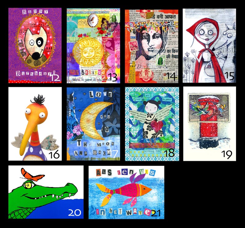 May include: A collage of 21 colorful, mixed media art pieces. Each piece is framed with a white border and numbered. The art pieces feature a variety of subjects, including animals, nature, and abstract designs.