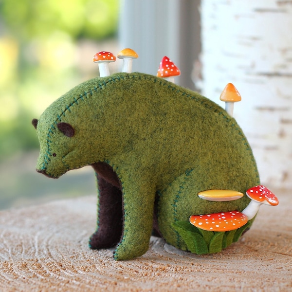 Mushroom Bear Forest Spirit / Sitting Bear Soft Sculpture / Grizzly Bear Art / Felt Bear