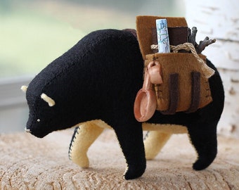 Little Wanderer Black Bear with Travel Packs / Felt Bear / Bear Soft Sculpture / Black Beart Art / Grizzly Bear Art / Gifts for Hikers