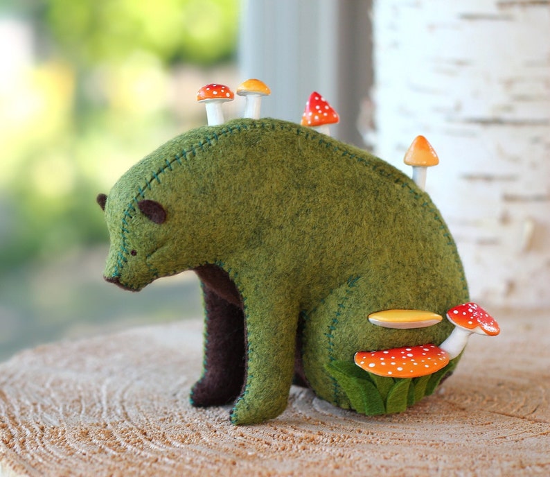 Mushroom Bear Forest Spirit / Sitting Bear Soft Sculpture / Grizzly Bear Art / Felt Bear image 1