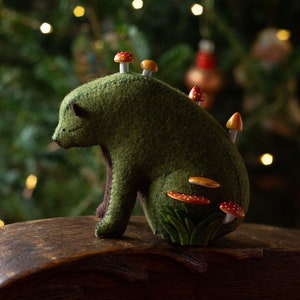 Mushroom Bear Forest Spirit / Sitting Bear Soft Sculpture / Grizzly Bear Art / Felt Bear image 3