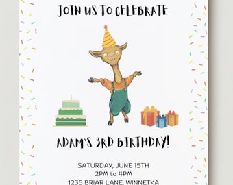 Puede incluir: Una invitación de cumpleaños con una llama que lleva un gorro de fiesta y sostiene un regalo. La invitación dice "¡Únete a nosotros para celebrar el 3er cumpleaños de Adam!" con los detalles de la fiesta.