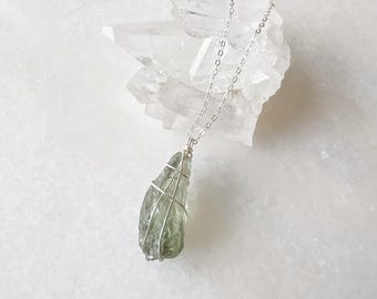 Handmade Green Amethyst Crystal Necklace | Silver Wire Wrapped Pendant
