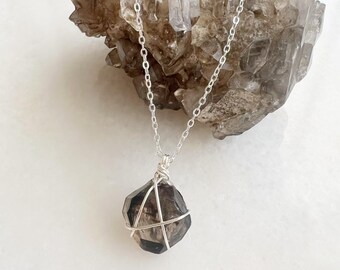 Handmade Smoky Quartz Crystal Necklace | Silver Wire Wrapped Pendant
