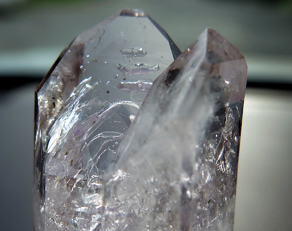Light Amethyst Tabby Brandberg Quartz Crystal Twin Enhydro, with Calcite, Epidote, Goboboseb, Namibia